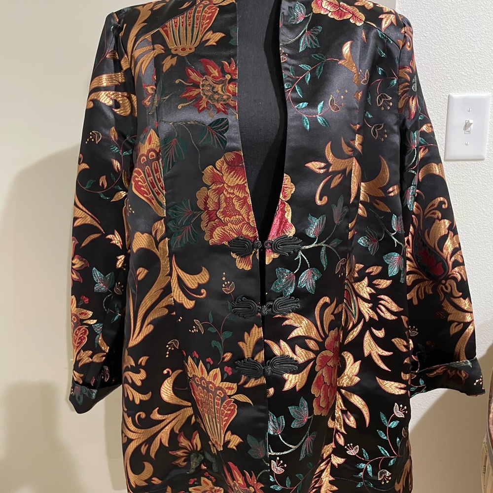 Soft Surroundings Black Satin Asian Inspired Floral Blazer, Never Worn, 1X